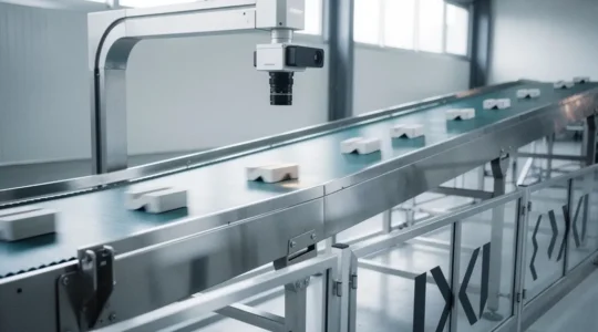 Vue latérale d'un système de convoyeur industriel avec caméra thermique positionnée au-dessus, capturant la signature thermique des produits en mouvement