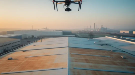 Vue aérienne thermographique d'une toiture industrielle avec zones de déperditions thermiques visibles en fausses couleurs