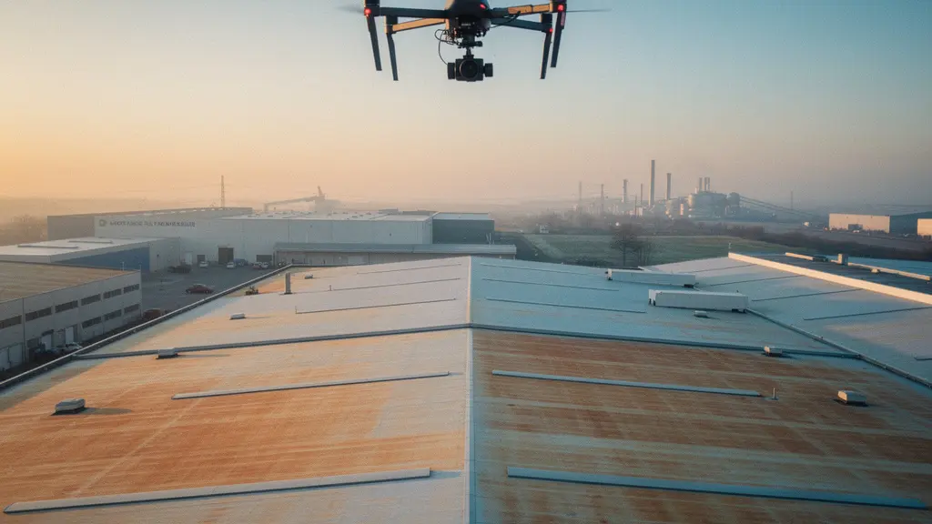 Vue aérienne thermographique d'une toiture industrielle avec zones de déperditions thermiques visibles en fausses couleurs