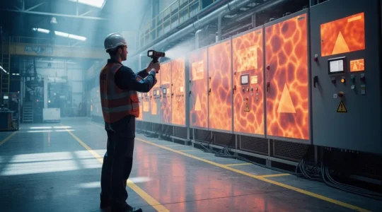 Technicien en combinaison industrielle utilisant une caméra thermique dans un environnement d'usine avec des équipements électriques en arrière-plan