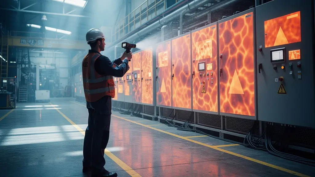 Technicien en combinaison industrielle utilisant une caméra thermique dans un environnement d'usine avec des équipements électriques en arrière-plan