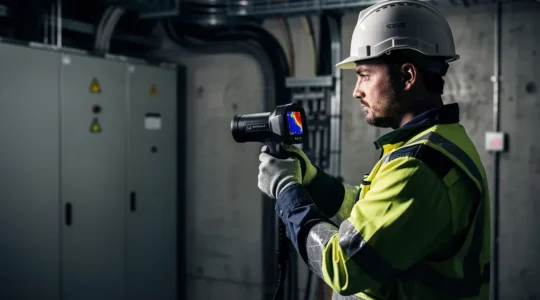 Technicien en tenue de sécurité réalisant une inspection thermographique à distance d'une armoire électrique industrielle