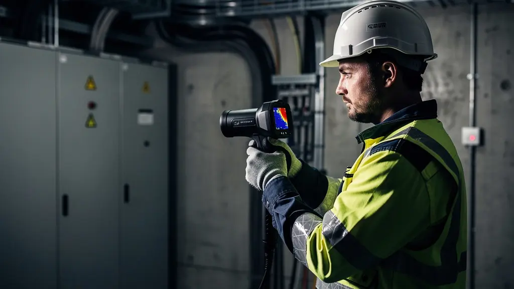 Technicien en tenue de sécurité réalisant une inspection thermographique à distance d'une armoire électrique industrielle