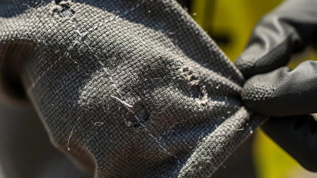 Gros plan sur l'inspection d'un vêtement ignifugé montrant les zones d'usure critiques aux coudes et genoux