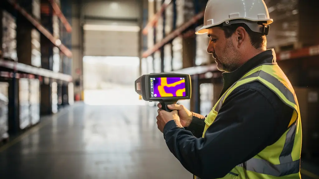 Inspection thermographique des zones cachées derrière les palettes dans un entrepôt