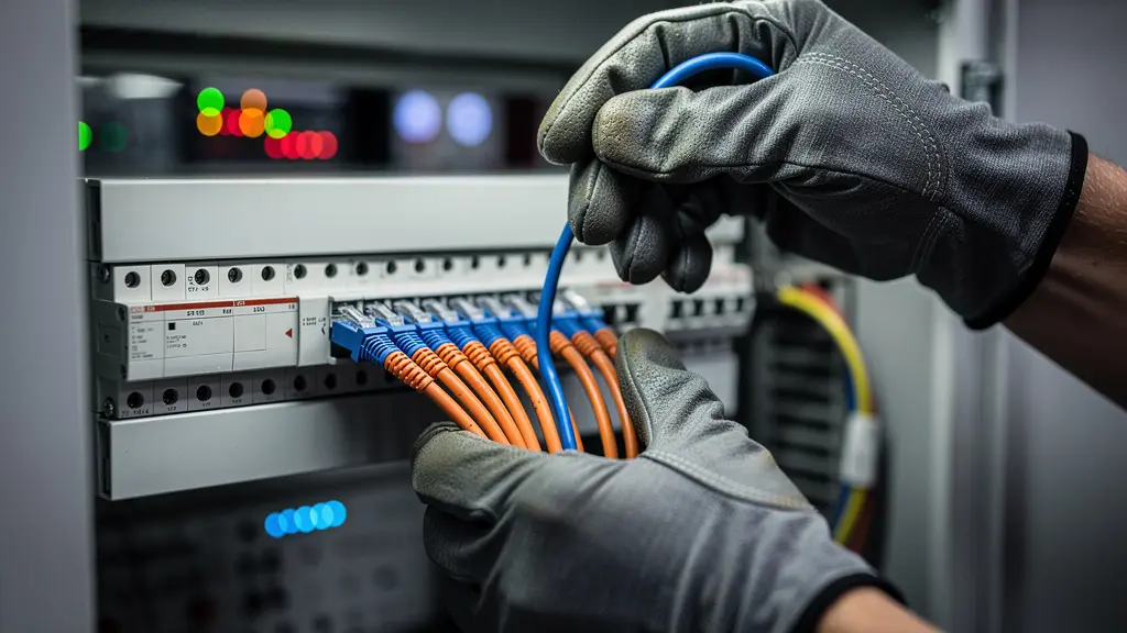 Vue d'ensemble d'une armoire de contrôle industriel avec câblage réseau et modules d'intégration