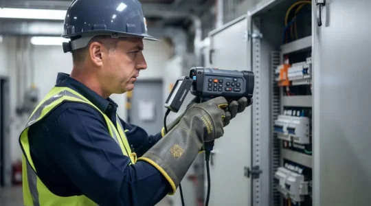 Technicien en équipement de protection inspectant une installation électrique avec une caméra thermique