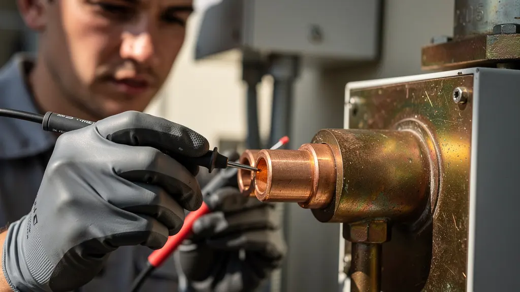 Technicien utilisant un micro-ohmmètre sur une connexion électrique dans une armoire industrielle