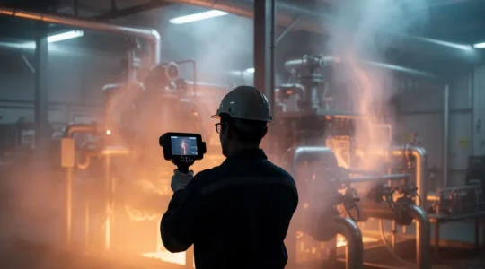 Technicien utilisant une caméra thermique industrielle dans un environnement d'usine avec vapeur et variations de température