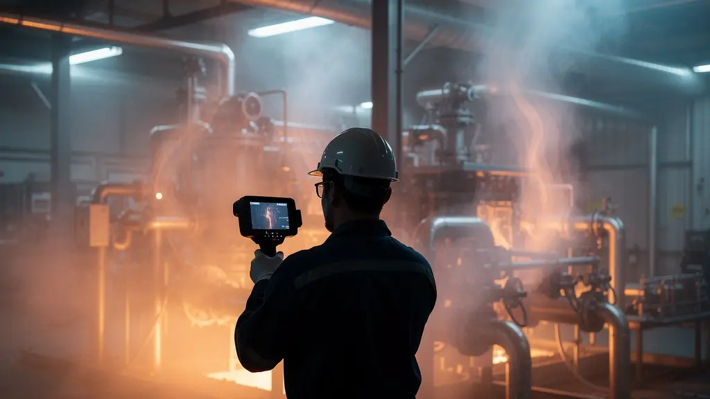 Technicien utilisant une caméra thermique industrielle dans un environnement d'usine avec vapeur et variations de température