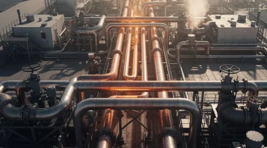 Tuyauterie industrielle de vapeur avec zones chaudes visibles montrant les pertes thermiques