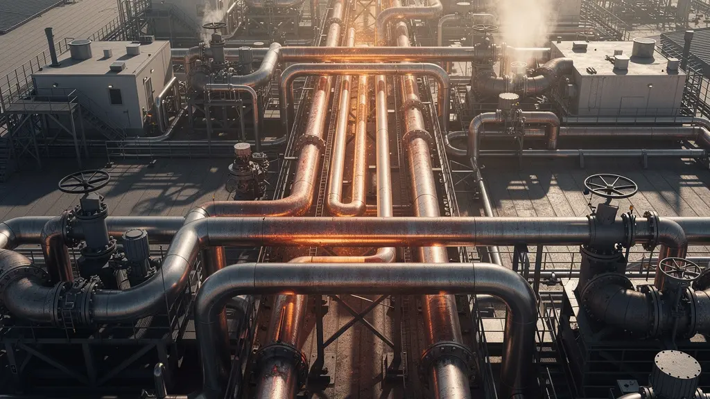 Tuyauterie industrielle de vapeur avec zones chaudes visibles montrant les pertes thermiques