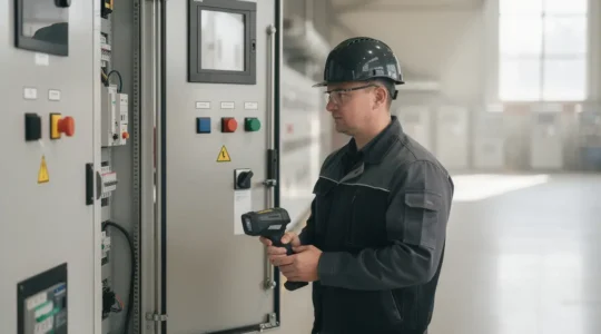 Expert en thermographie analysant des installations électriques industrielles avec caméra infrarouge dans un environnement professionnel