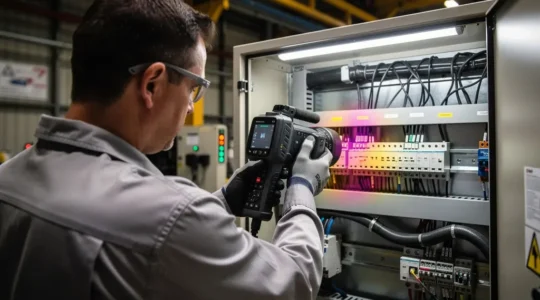 Opérateur inspectant une armoire électrique avec une caméra thermique, affichage de différentes palettes de couleurs sur l'écran