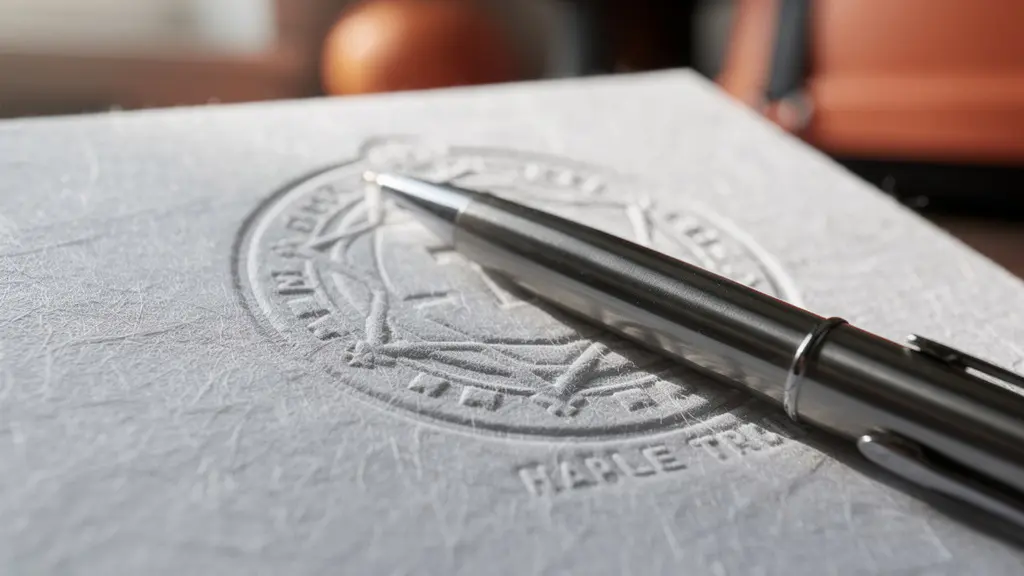 Vue macro détaillée d'un permis de feu avec tampon officiel et stylo, arrière-plan flou d'équipement thermographique