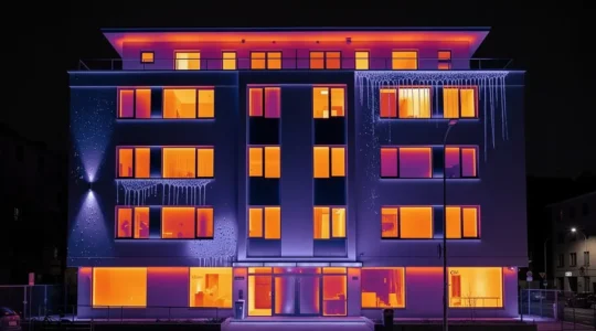 Thermographie infrarouge montrant une façade de bâtiment avec des zones froides bleues contrastant avec les zones chaudes rouges et jaunes