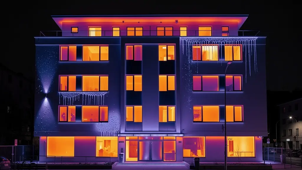 Thermographie infrarouge montrant une façade de bâtiment avec des zones froides bleues contrastant avec les zones chaudes rouges et jaunes