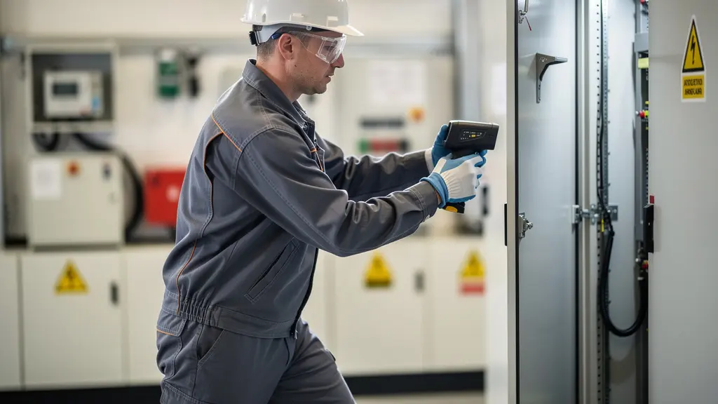 Thermographe positionné en pas chassé latéral lors de l'inspection d'une armoire électrique