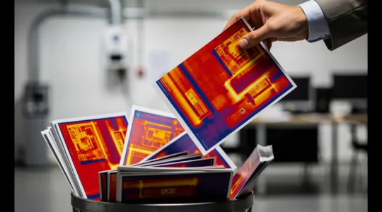 Main jetant un rapport de thermographie industrielle dans une poubelle remplie de documents