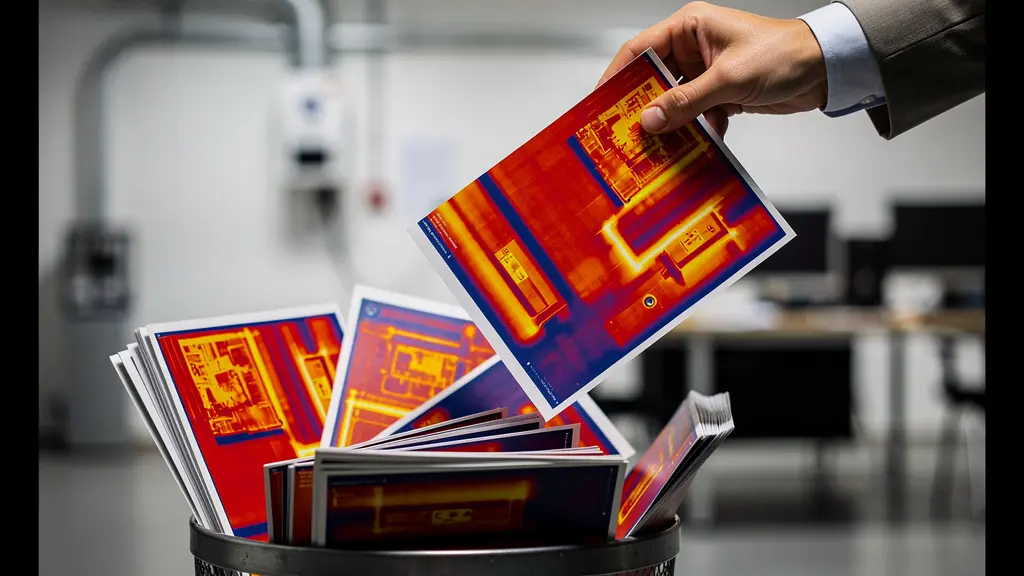 Main jetant un rapport de thermographie industrielle dans une poubelle remplie de documents