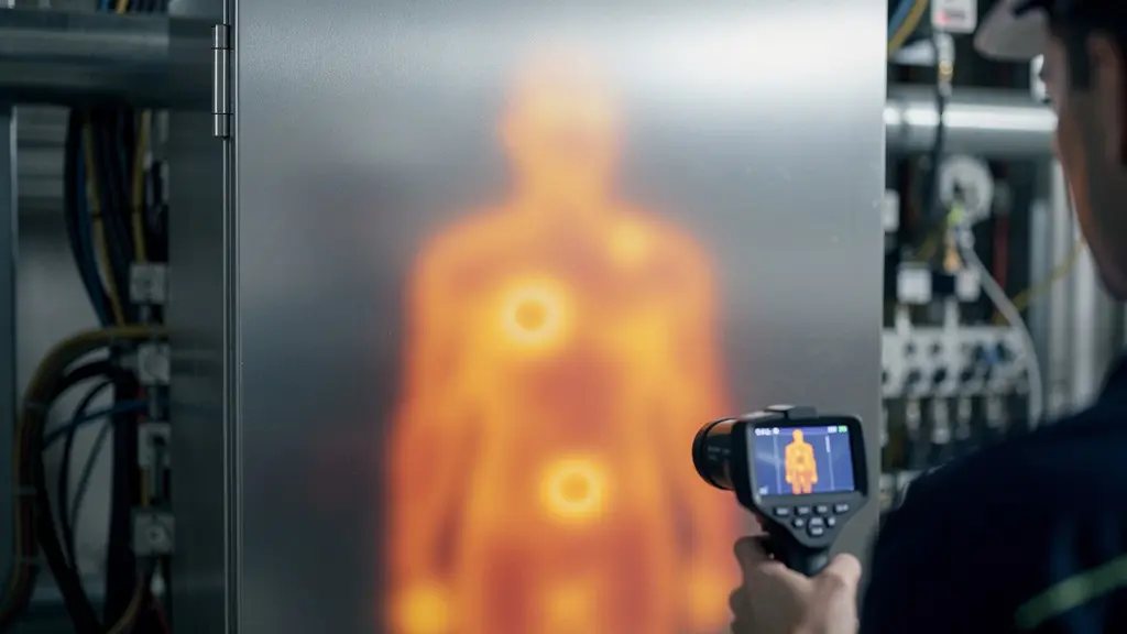 Vue thermographique montrant le reflet thermique d'un opérateur sur une armoire électrique métallique