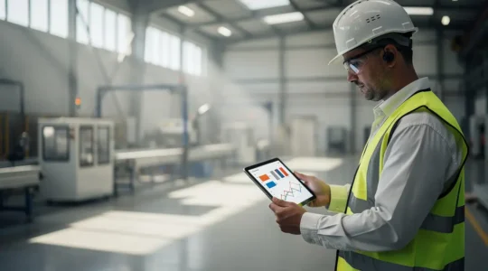Manager de maintenance industriel analysant des données prédictives sur tablette dans une usine moderne
