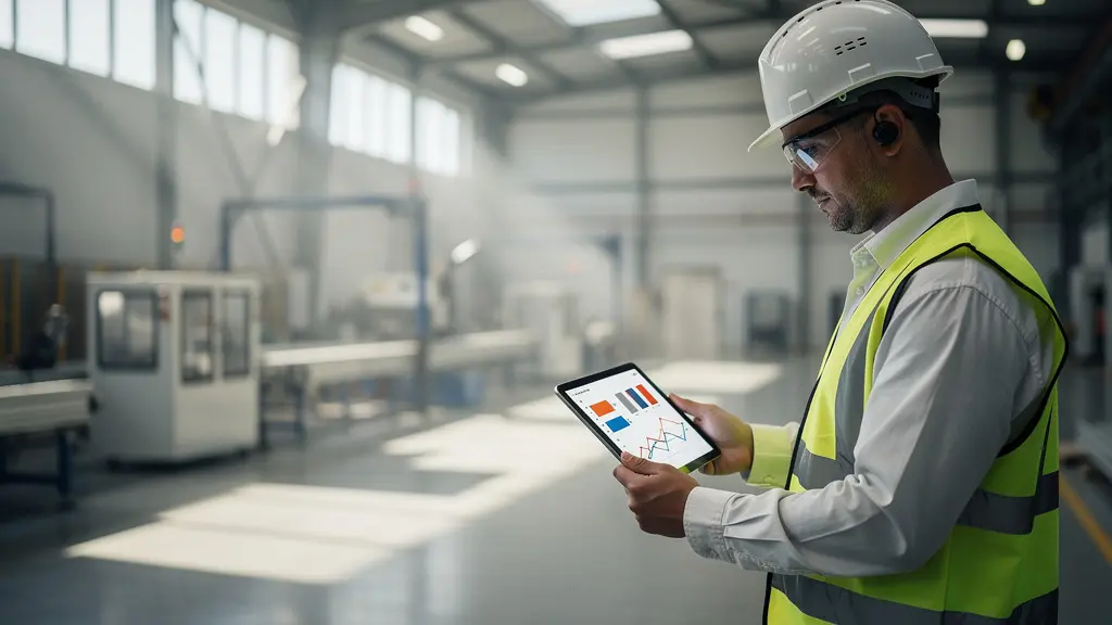 Manager de maintenance industriel analysant des données prédictives sur tablette dans une usine moderne