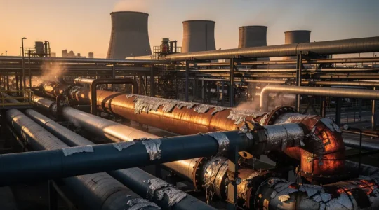 Inspection thermographique d'un réseau de vapeur industriel révélant les zones de déperdition thermique