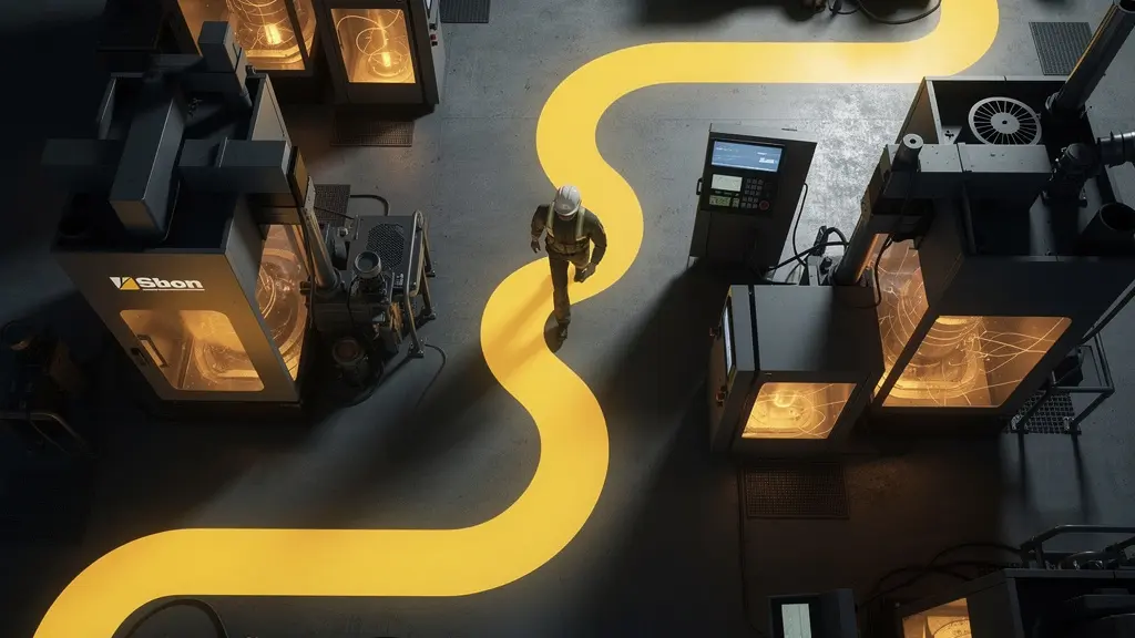 Vue aérienne d'un technicien suivant un parcours optimisé dans une usine avec tablette numérique affichant des données thermiques