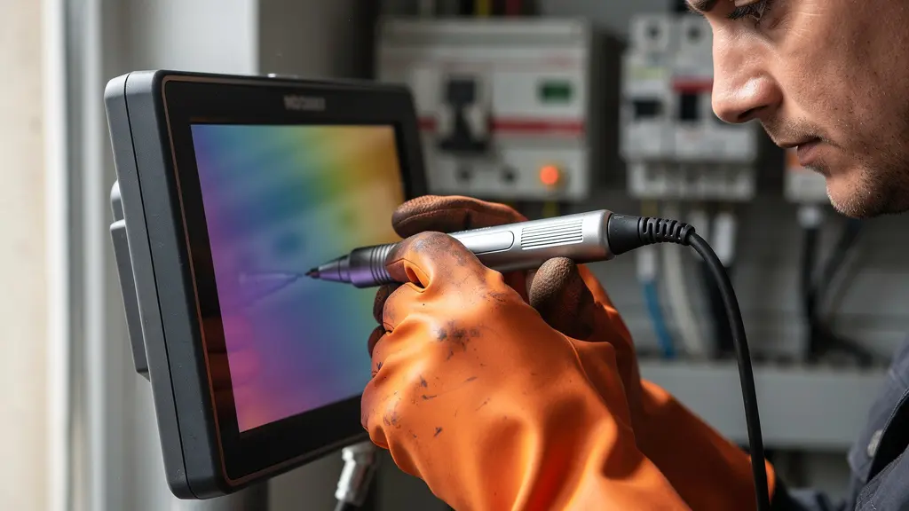 Main avec gant haute tension utilisant un stylet sur écran de caméra thermique