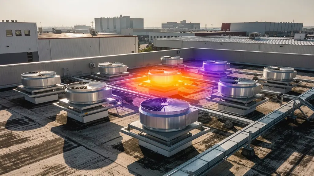 Vue aérienne par drone thermique montrant plusieurs ventilateurs industriels en toiture avec leurs signatures thermiques différenciées