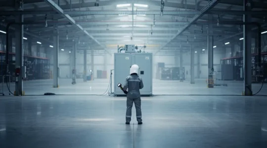 Technicien en tenue de protection arc électrique effectuant une inspection thermographique sur une armoire électrique haute tension