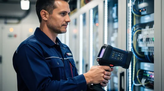 Technicien utilisant une caméra thermique pour inspecter une installation électrique industrielle
