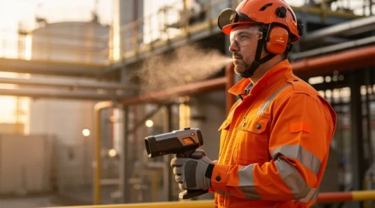 Technicien en combinaison ATEX utilisant une caméra thermique certifiée dans une raffinerie industrielle