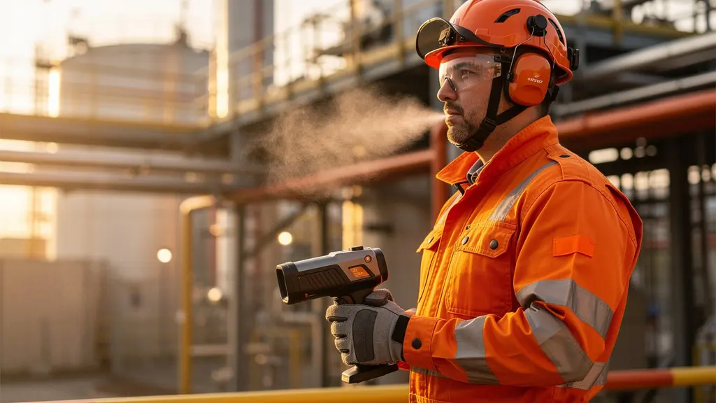 Technicien en combinaison ATEX utilisant une caméra thermique certifiée dans une raffinerie industrielle