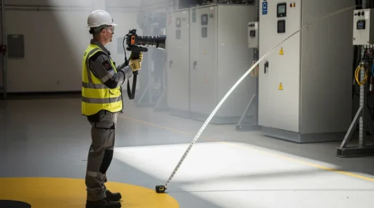 Technicien en thermographie industrielle calculant la distance optimale entre sécurité et résolution optique