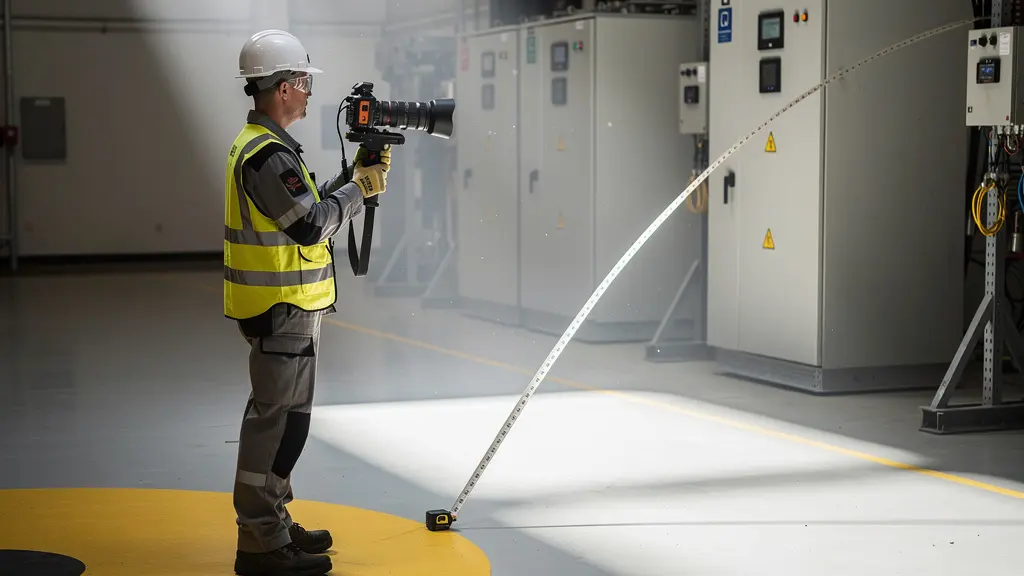 Technicien en thermographie industrielle calculant la distance optimale entre sécurité et résolution optique