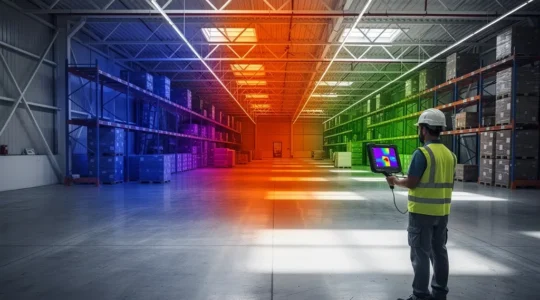 Vue thermographique d'un entrepôt industriel montrant les zones de chaleur pour la prévention incendie