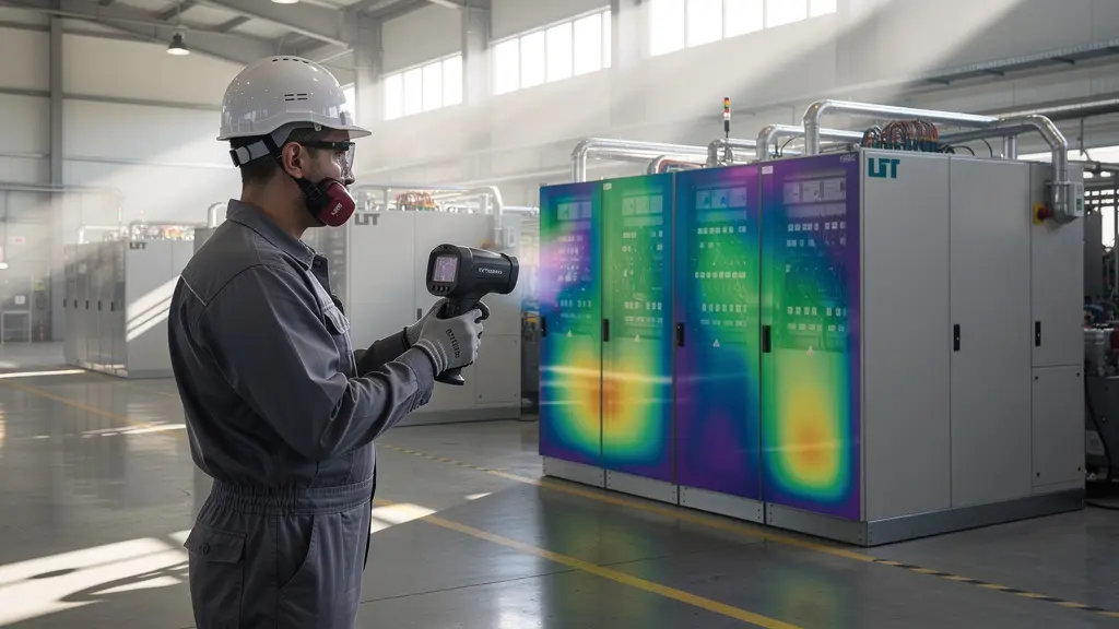 Vue thermographique d'une inspection industrielle montrant différentes températures colorées sur des équipements mécaniques