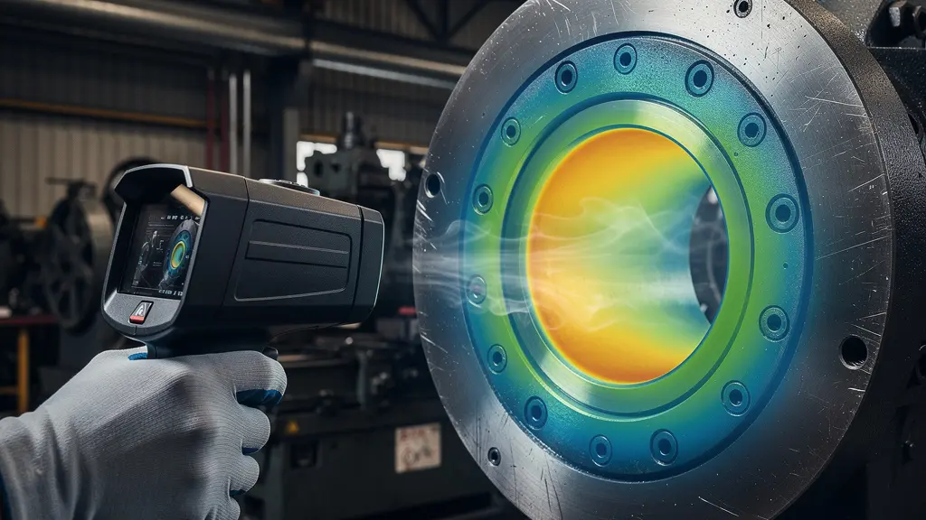 Caméra thermique analysant un roulement industriel en fonctionnement montrant les zones de chaleur