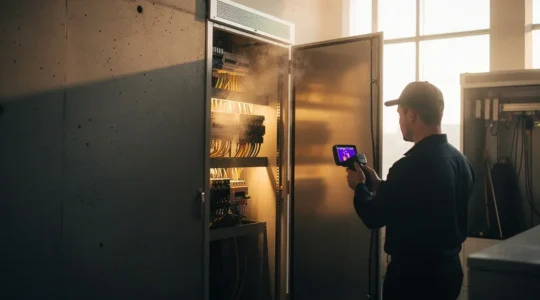 Thermographie infrarouge d'une armoire électrique montrant des points chauds lors d'une inspection préventive