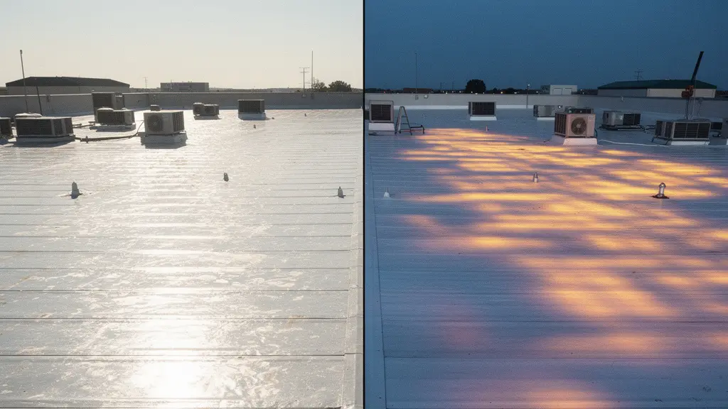 Comparaison thermographique d'une toiture plate montrant les différences de température au coucher du soleil