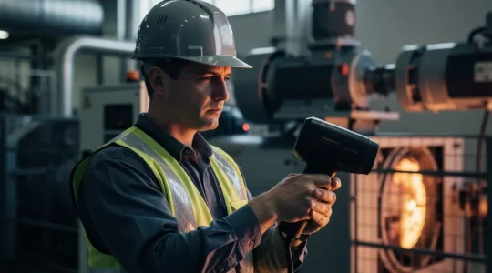 Technicien utilisant une caméra thermique infrarouge dans un environnement industriel pour la maintenance prédictive