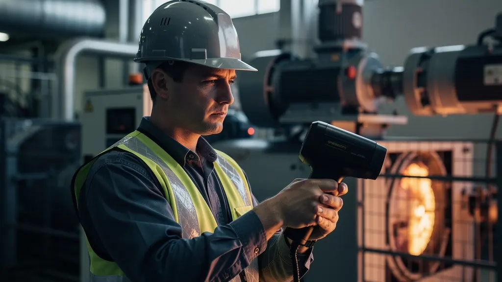 Technicien utilisant une caméra thermique infrarouge dans un environnement industriel pour la maintenance prédictive