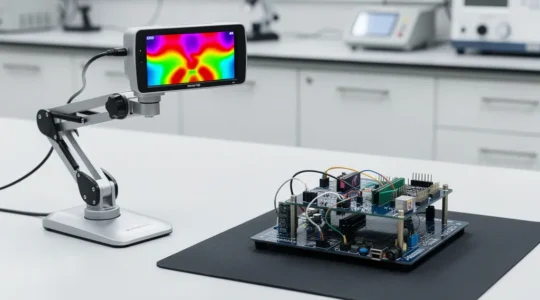 Vue d'un prototype électronique en cours d'analyse thermique avec une caméra infrarouge montrant des gradients de température colorés