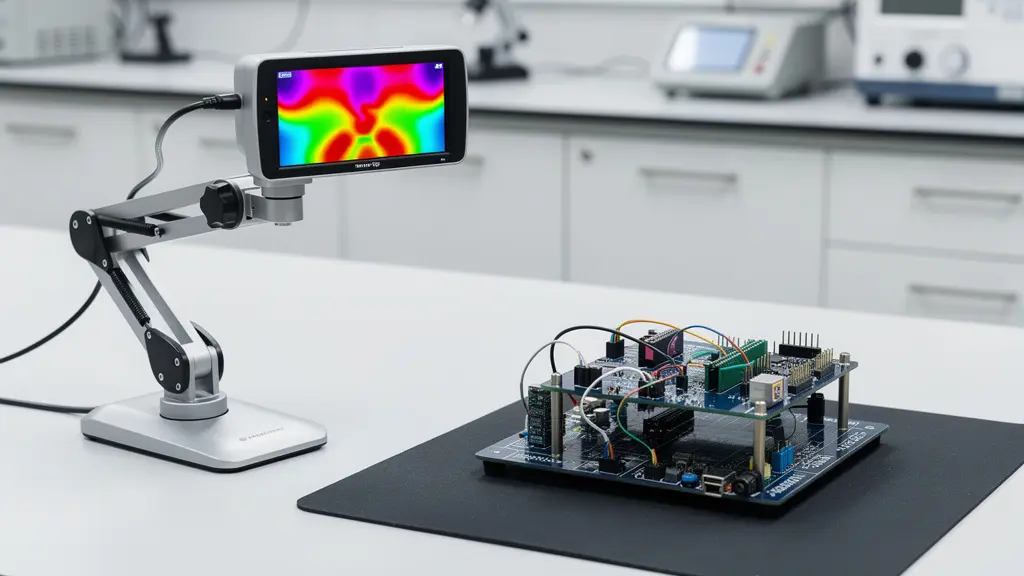 Vue d'un prototype électronique en cours d'analyse thermique avec une caméra infrarouge montrant des gradients de température colorés