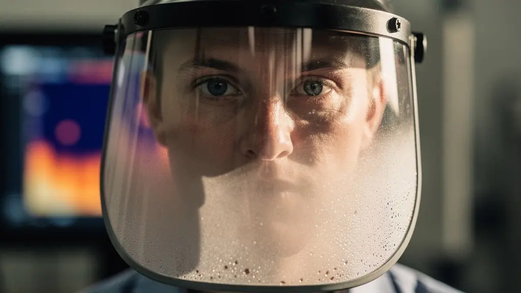 Vue rapprochée d'une visière anti-arc montrant l'effet de condensation partielle avec un écran de caméra thermique flou en arrière-plan