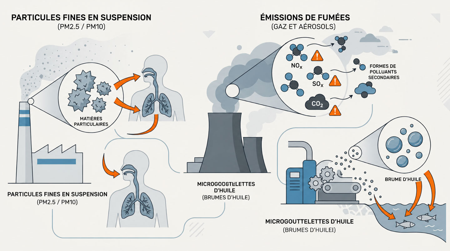 Différents types de polluants industriels : poussières métalliques, fumées de soudage, brouillards d'huile