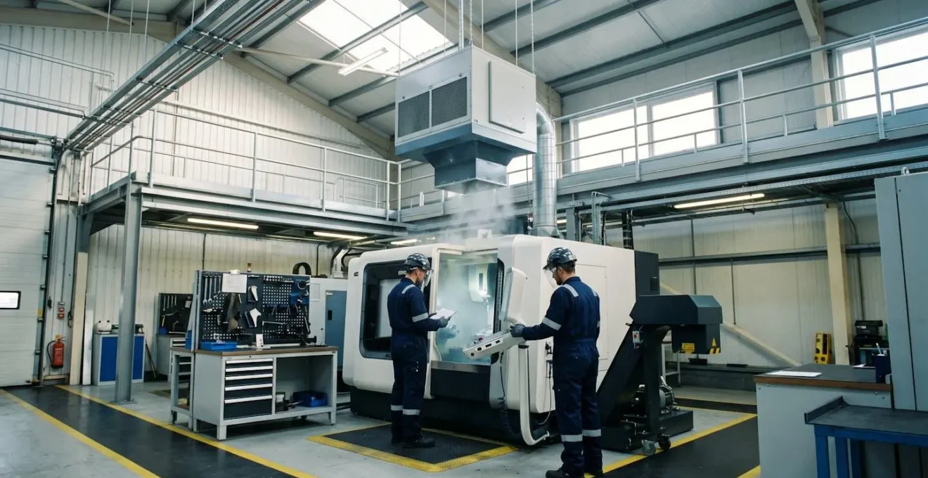 Atelier industriel moderne avec un système de filtration d'air visible au plafond, Operators working safely in a clean environment