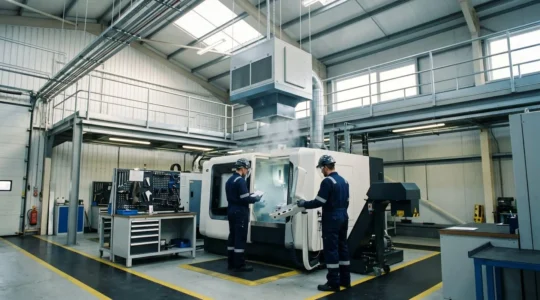 Atelier industriel moderne avec un système de filtration d'air visible au plafond, Operators working safely in a clean environment